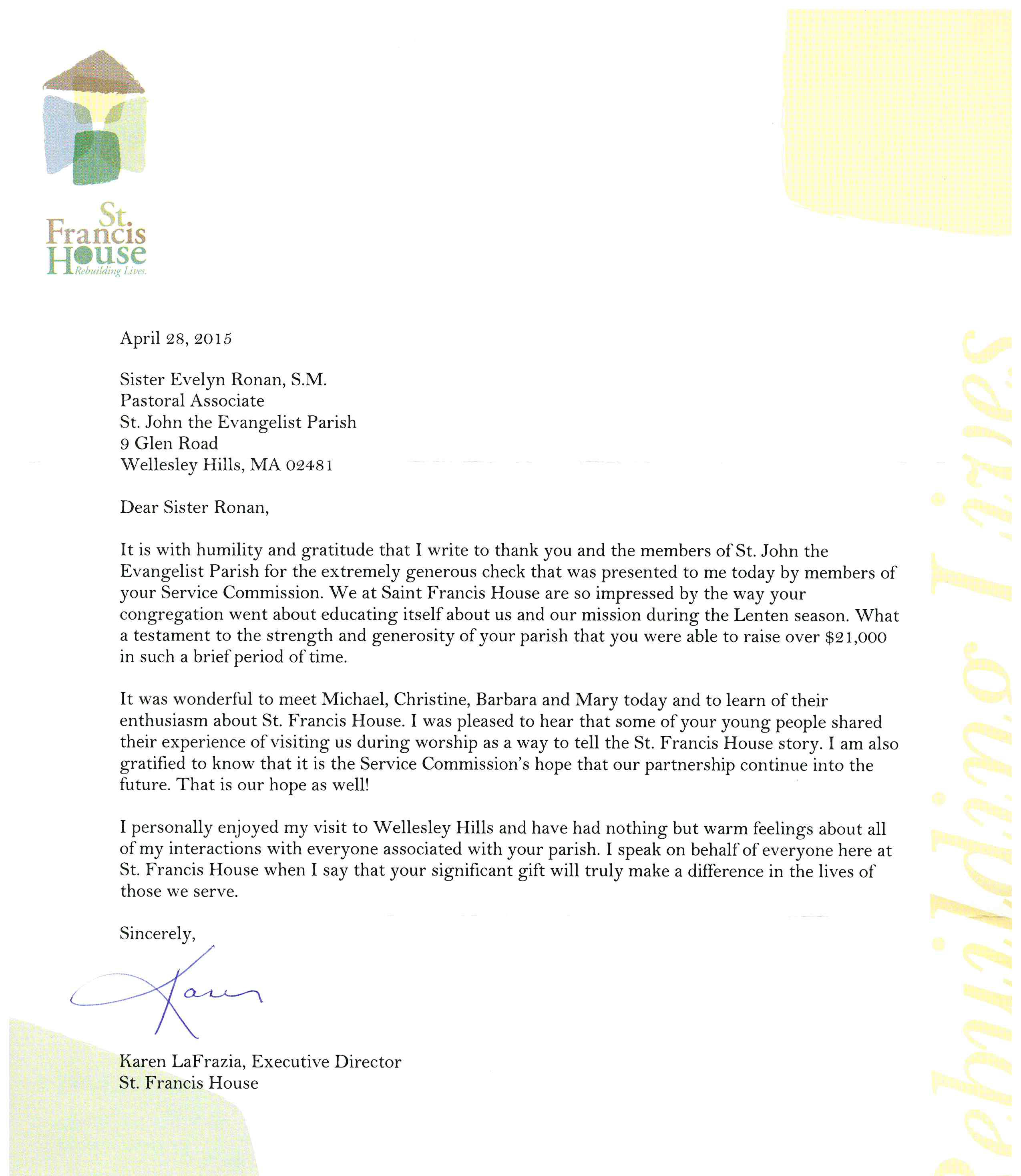 A thank you letter from St. Francis House to St. John Parish for the ...