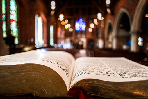 Open Bible On The Altar Inside An English Anglican Church Stock Photo ...