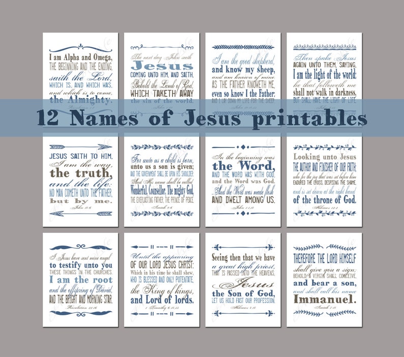 Set of 12 Names of Jesus prints. Christian artwork. Bible