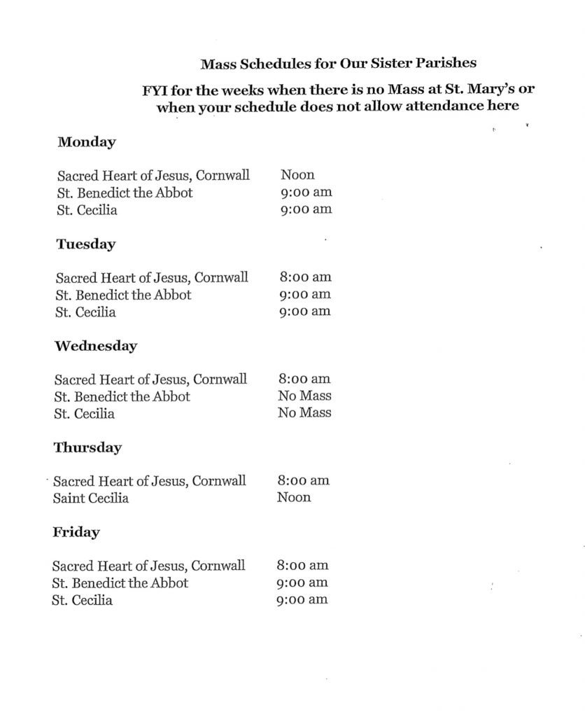 Weekday Mass Schedule for St. Marys and Nearby